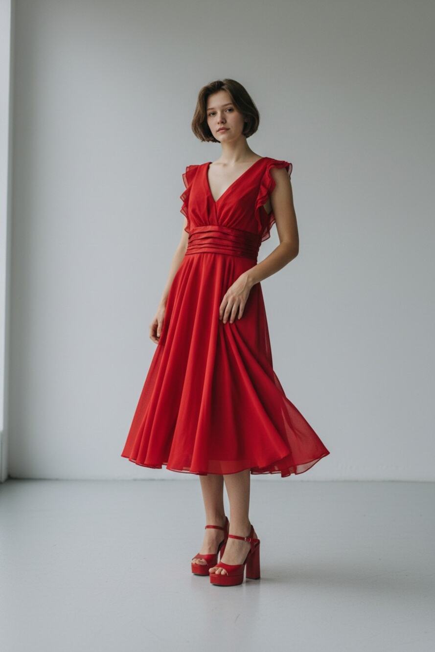 Dress S Red Chiffon Vintage Y2K Party Poetcore Eveningwear V-neck Ruffle Short